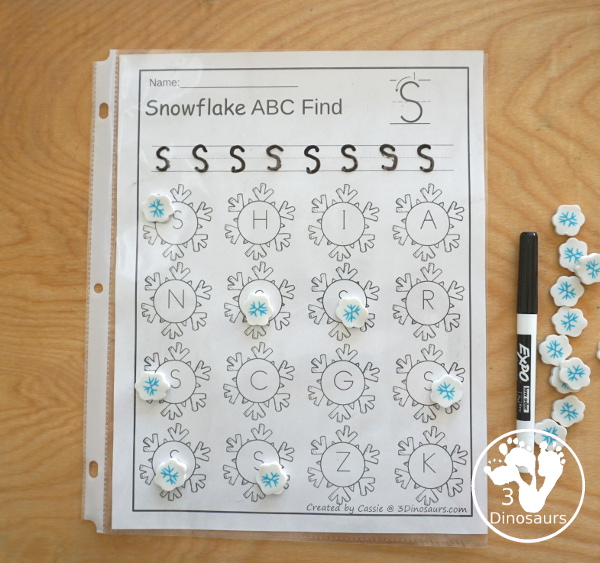 Snowflake Themed ABC Letter Find: It has all the letters of the alphabet with uppercase and lowercase options with tracing - 3Dinosaurs.com