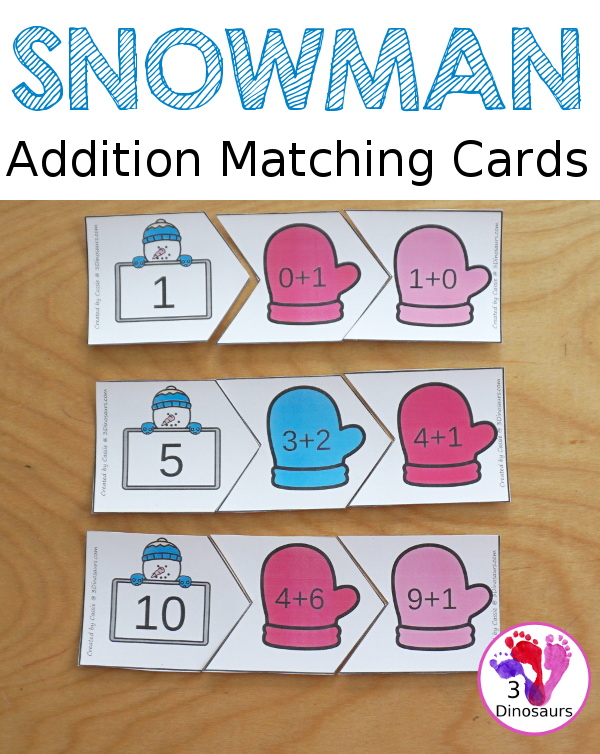 Free Snowman Addition Matching Puzzles to work on addition from 1 to 10. They are a 3 piece matching puzzles.  - 3Dinosaurs.com