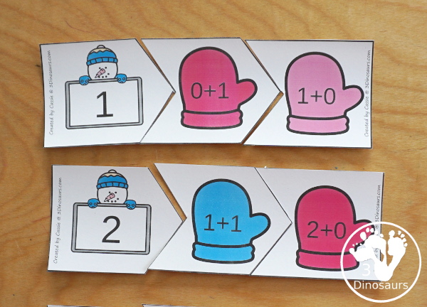 Free Snowman Addition Matching Puzzles to work on addition from 1 to 10. They are a 3 piece matching puzzles. - 3Dinosaurs.com