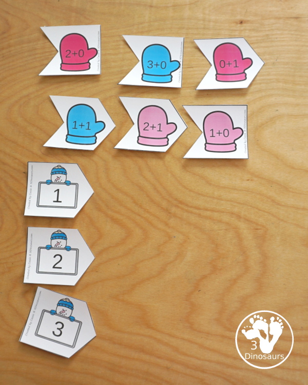 Free Snowman Addition Matching Puzzles to work on addition from 1 to 10. They are a 3 piece matching puzzles.  - 3Dinosaurs.com
