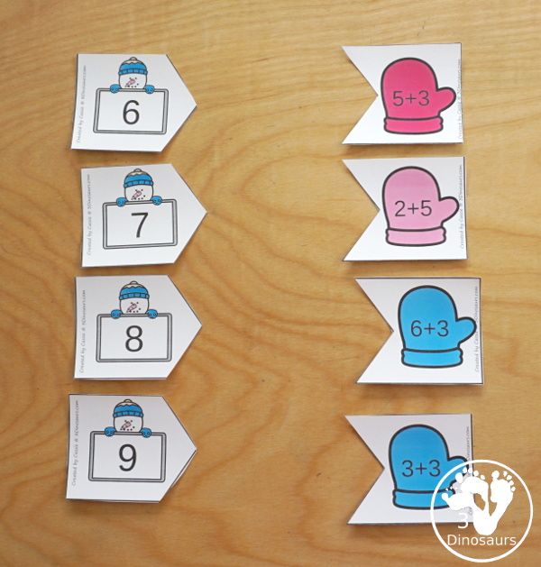 Free Snowman Addition Matching Puzzles to work on addition from 1 to 10. They are a 3 piece matching puzzles.  - 3Dinosaurs.com