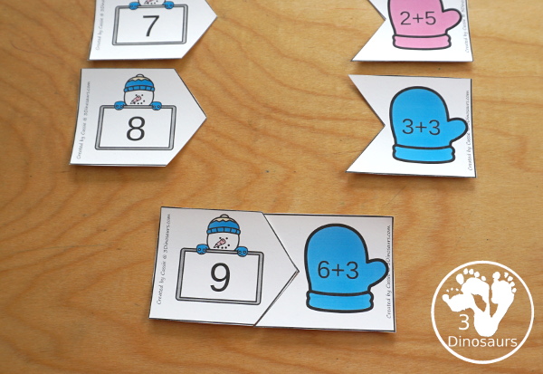 Free Snowman Addition Matching Puzzles to work on addition from 1 to 10. They are a 3 piece matching puzzles.  - 3Dinosaurs.com