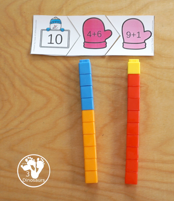 Free Snowman Addition Matching Puzzles to work on addition from 1 to 10. They are a 3 piece matching puzzles.  - 3Dinosaurs.com