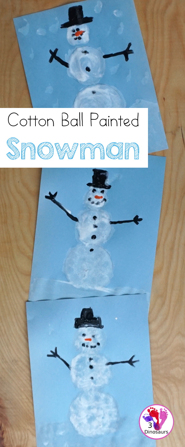 Cotton Ball Painted Snowman - an easy snowman craft that different ages can do together. You cotton balls and q-tips for painting - 3Dinosaurs.com