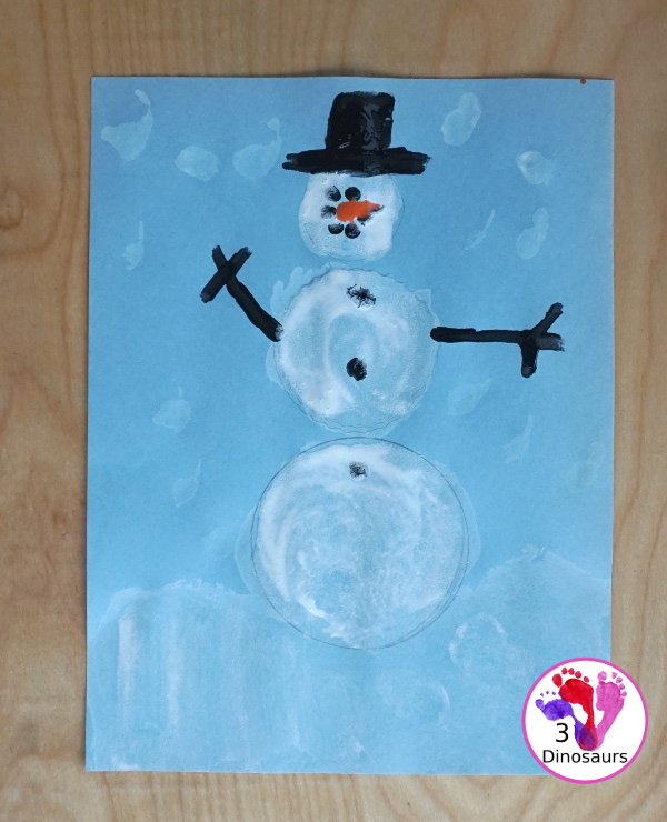 Cotton Ball Painted Snowman - an easy snowman craft that different ages can do together. You cotton balls and q-tips for painting - 3Dinosaurs.com