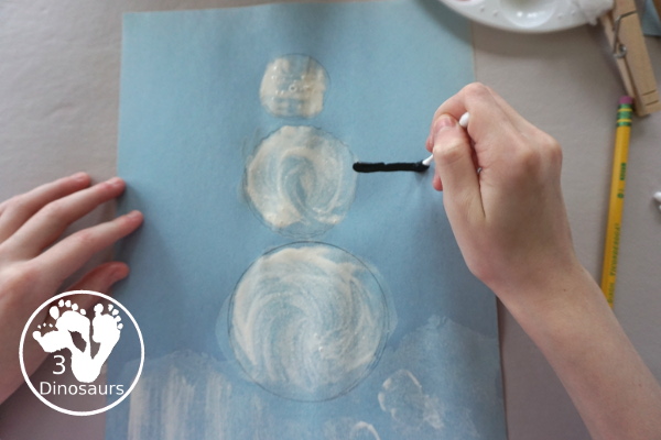 Cotton Ball Painted Snowman - an easy snowman craft that different ages can do together. You cotton balls and q-tips for painting - 3Dinosaurs.com