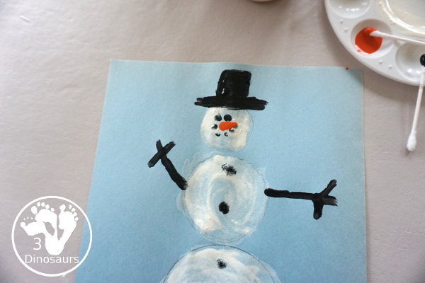 Cotton Ball Painted Snowman - an easy snowman craft that different ages can do together. You cotton balls and q-tips for painting - 3Dinosaurs.com
