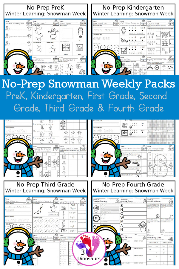 No-Prep Snowman Themed Weekly Packs for PreK, Kindergarten, First Grade, Second Grade, Third Grade & Fourth Grade with 5 days of activities to do for each grade level - These are great winter-themed with loads of fun with snowmen for kids to have for fun seasonal learning time - 3Dinosaurs.com