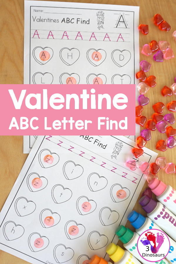 Valentines ABC Letter Find - uppercase and lowercase letter finds with all 26 letters of the alphabet with fun heart finds for working on learning and tracing letters - 3Dinosaurs.com