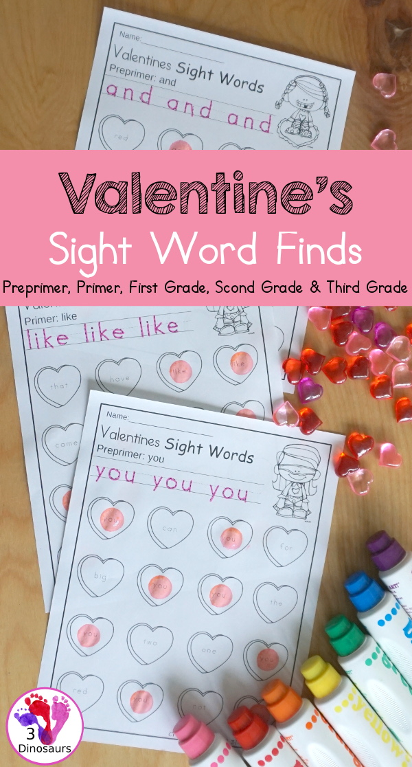 Valentines Sight Word Finds: Dolch Preprimer, Primer, First Grade, Second Grade, and Third Grade - You have tracing the sight words and find the sight words on fun hearts. This is a great no-prep printable for Valentines- 3Dinosaurs.com