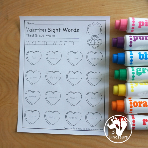 Valentines Sight Word Finds: has all 220 Dolch sight words with from the Preprimer, Primer, First Grade, Second Grade, and Third Grade lists - You have tracing the sight word and then find the sight word in an easy no-prep printable - 3Dinosaurs.com