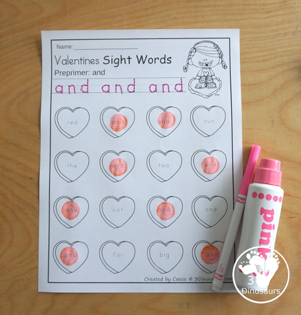 Valentines Sight Word Finds: has all 220 Dolch sight words with from the Preprimer, Primer, First Grade, Second Grade, and Third Grade lists - You have tracing the sight word and then find the sight word in an easy no-prep printable - 3Dinosaurs.com