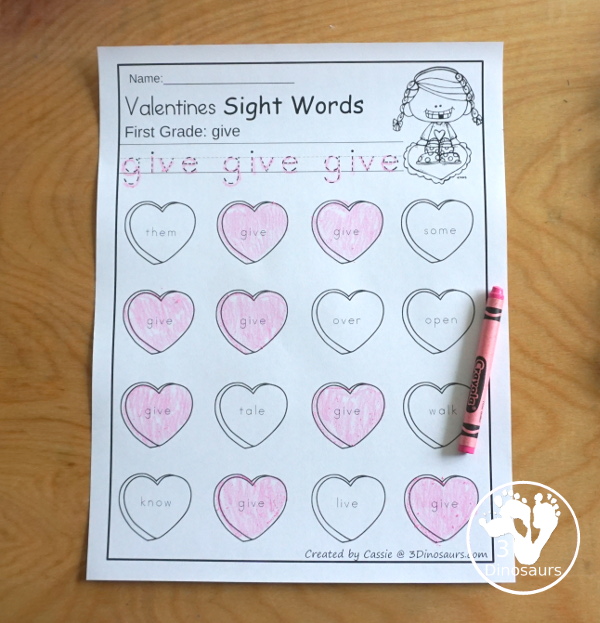 Valentines Sight Word Finds: has all 220 Dolch sight words with from the Preprimer, Primer, First Grade, Second Grade, and Third Grade lists - You have tracing the sight word and then find the sight word in an easy no-prep printable - 3Dinosaurs.com