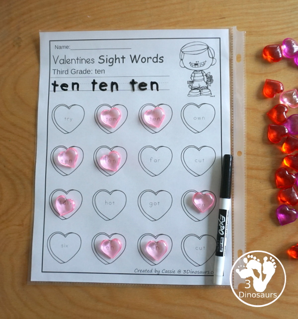 Valentines Sight Word Finds: has all 220 Dolch sight words with from the Preprimer, Primer, First Grade, Second Grade, and Third Grade lists - You have tracing the sight word and then find the sight word in an easy no-prep printable - 3Dinosaurs.com