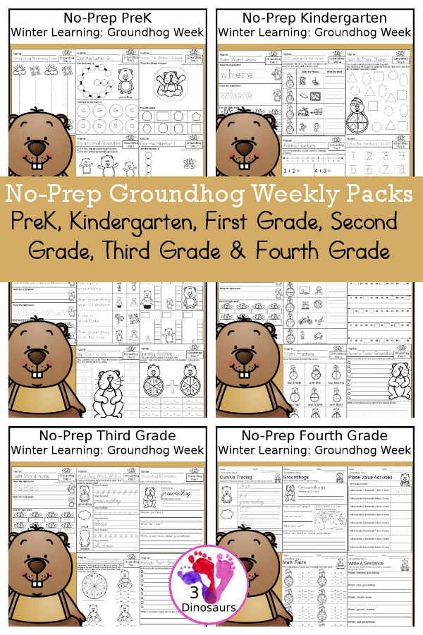 Groundhog Day No-Prep Weekly Packs PreK, Kindergarten, First Grade, Second Grade, Third Grade & Fourth Grade with 5 days of activities to do for each grade level With loads of groundhog themes - You will find a mix of math, language, and more - These are easy to use packs for winter learning, homework, early finisher, and morning work. Easy no-prep printables for kids with four pages for each day - 3Dinosaurs.com