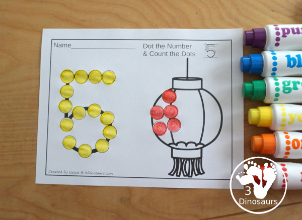 Lantern Dot the Number & Counting - Numbers 0 to 20 with dot marker numbers and counting dots on the lantern - 3Dinosaurs.com