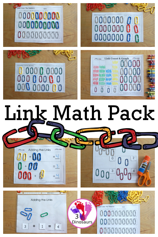 Free Link Theme Math Pack - with patterns, addition, graphing and more with a link theme for kindergarten and prek math centers - 3Dinosaurs.com