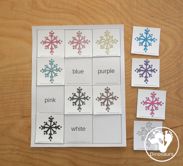 Snowflake Color Pack - with 63 pages of printables with color easy reader book, color clip cards, color tracing strips, color writing strips, color pocket chart cards, color word writing, color word puzzles, and more all to work on learning color words. This is a great winter snowflake theme - 3Dinosaurs.com
