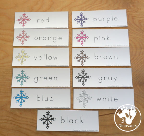 Snowflake Color Pack - with 63 pages of printables with color easy reader book, color clip cards, color tracing strips, color writing strips, color pocket chart cards, color word writing, color word puzzles, and more all to work on learning color words. This is a great winter snowflake theme - 3Dinosaurs.com