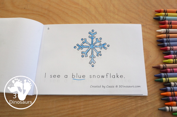 Snowflake Color Pack - with 63 pages of printables with color easy reader book, color clip cards, color tracing strips, color writing strips, color pocket chart cards, color word writing, color word puzzles, and more all to work on learning color words. This is a great winter snowflake theme - 3Dinosaurs.com