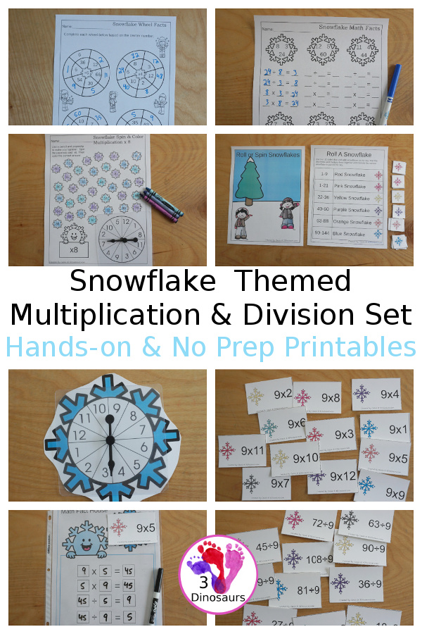 Snowflake Multiplication & Division Selling Set - with spinning multiplication and division practice worksheets, math fact pages, math fact worksheets, roll a snowflake math page, matching snowflake multiplication and division flashcard printables and snowflake dice printables- 3Dinosaurs.com