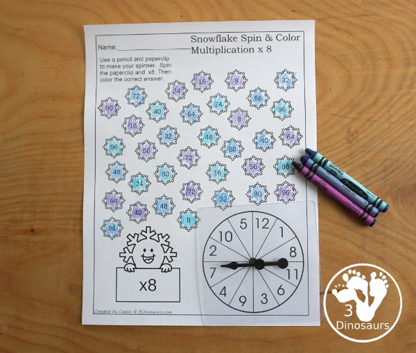 Snowflake Multiplication & Division Selling Set - with spinning multiplication and division practice worksheets, math fact pages, math fact worksheets, roll a snowflake math page, matching snowflake multiplication and division flashcard printables and snowflake dice printables- 3Dinosaurs.com