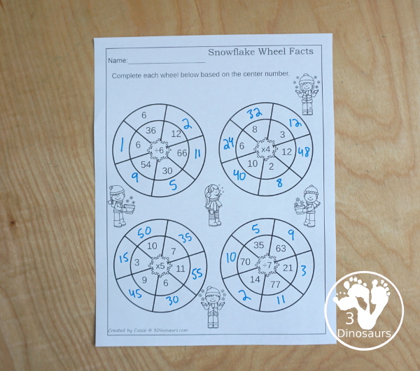 Snowflake Multiplication & Division Selling Set - with spinning multiplication and division practice worksheets, math fact pages, math fact worksheets, roll a snowflake math page, matching snowflake multiplication and division flashcard printables and snowflake dice printables- 3Dinosaurs.com