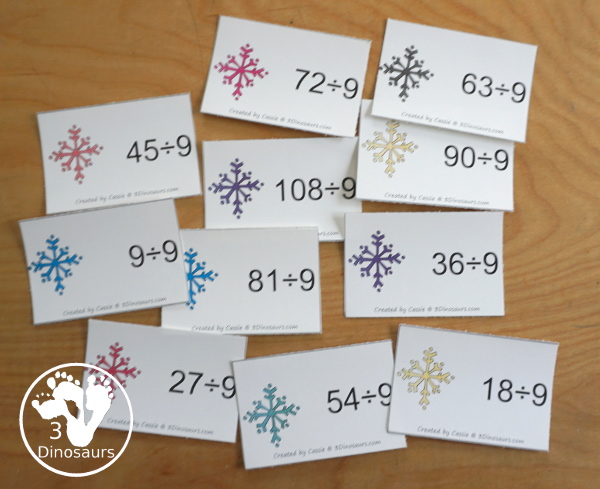Snowflake Multiplication & Division Selling Set - with spinning multiplication and division practice worksheets, math fact pages, math fact worksheets, roll a snowflake math page, matching snowflake multiplication and division flashcard printables and snowflake dice printables- 3Dinosaurs.com