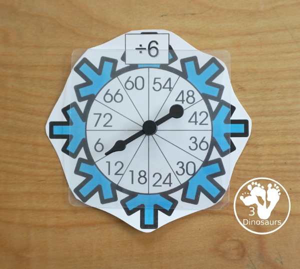 Snowflake Multiplication & Division Selling Set - with spinning multiplication and division practice worksheets, math fact pages, math fact worksheets, roll a snowflake math page, matching snowflake multiplication and division flashcard printables and snowflake dice printables- 3Dinosaurs.com