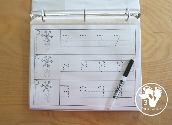 Free Snowflake Theme Number Tracing Strips - with numbers 0 to 20. You have number examples and them several numbers to trace - 3Dinosaurs.com