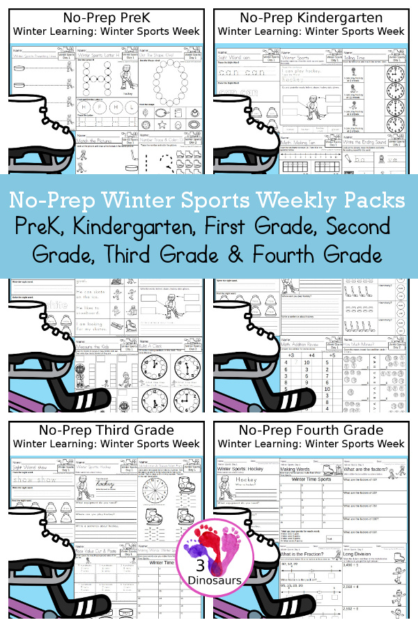 Winter Sports No-Prep Weekly Packs PreK, Kindergarten, First Grade, Second Grade, Third Grade & Fourth Grade with 5 days of activities to do for each grade level With loads of general winter sports activities - You will find a mix of math, language, and more - These are easy to use packs for winter learning, homework, early finisher, and morning work. Easy no-prep printables for kids with four pages for each day - 3Dinosaurs.com