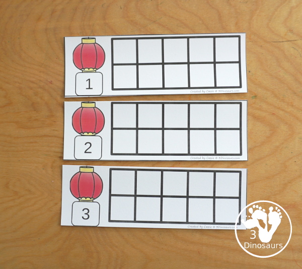 Free Chinese New Year Ten Frames with two sets of ten frames to work on counting from 1 to 10 with filled in ten frames to match the numbers and blank ten frames. A Great Lunar New Year Printable - 3Dinosaurs.com