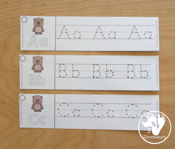 Free Groundhog ABC Tracing Strips - with uppercase and lowercase together. You have fun kids with a Groundhog- plus you can see an example of how to trace the letters - 3Dinosaurs.com