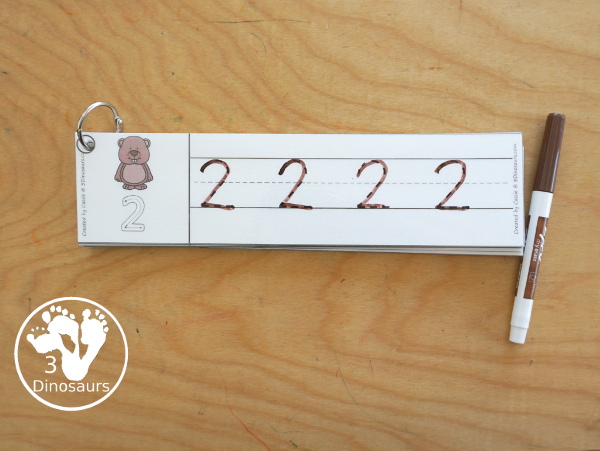 Free Groundhog Number Tracing Strips - with numbers 0 to 20. You can tracing the numbers and an example of how to trace the numbers on the strips, plus a cute groundhog on each tracing stip. - 3Dinosaurs.com