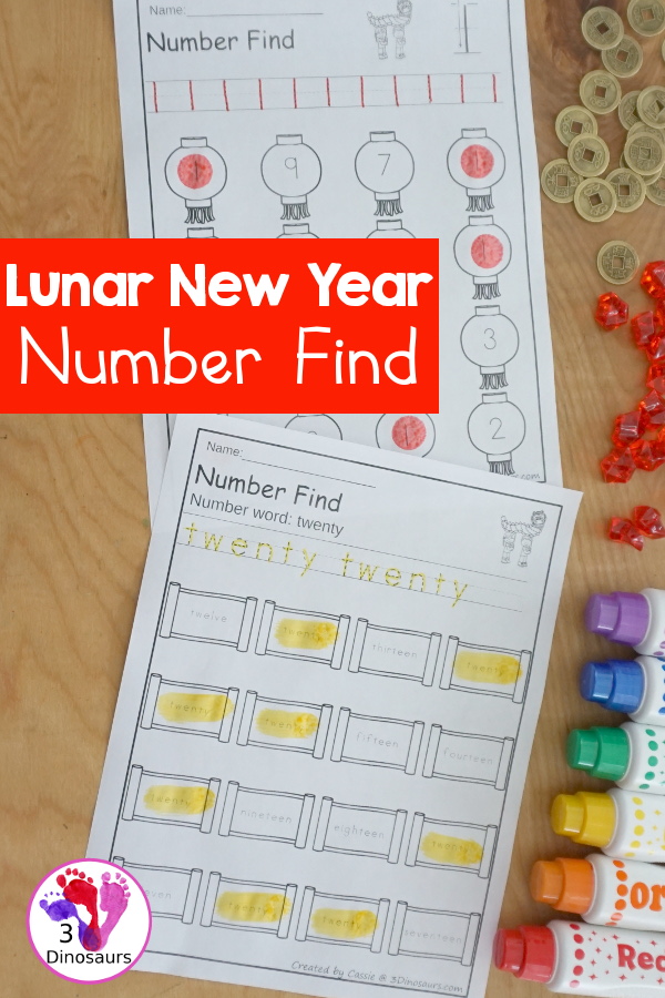 Lunar New Year Number Find - has number worksheets for numbers 0 to 20 with number word and numerical number with tracing the number and then finding the number - 3Dinosaurs.com