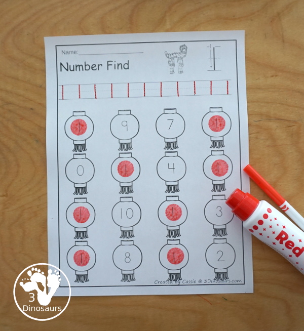 Lunar New Year Number Find - has number worksheets for numbers 0 to 20 with number word and numerical number with tracing the number and then finding the number - 3Dinosaurs.com