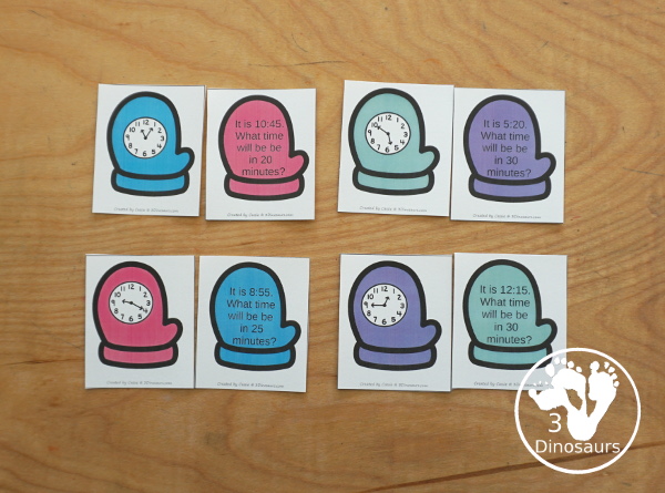 Free Mitten Elapsed Telling Time Matching Printable - with mitten with clocks that match the mitten with the question - 3Dinosaurs.com