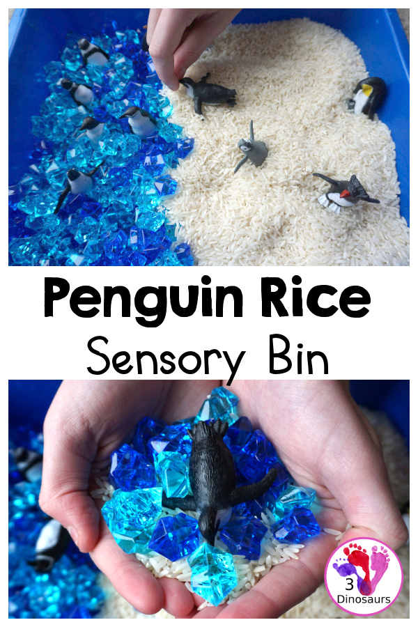 Penguin Rice Sensory Bin - with penguins, blue acrylic rocks and rice for a fun polar animal sensory bin that kids can play in. - 3Dinosaurs.com