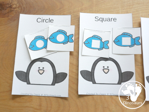 Penguin Shape Sorting Printable - with four shapes circle, square, triangle, and rectangle for kids to sort to the penguins. - 3Dinosaurs.com
