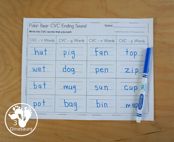 Free Polar Bear Ending CVC Word Sounds Sorting Printable - with sorting CVC words ending in g, t, n, and p. You have four fish for each mat and a recording sheet for the fish. - 3Dinosaurs.com