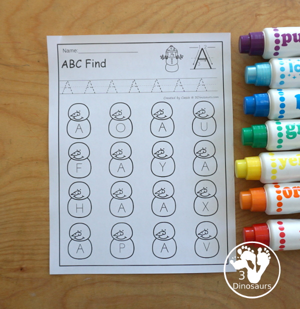 Snowman ABC Letter Find Printable - with all 26 letters of the alphabet with tracing the letters and finding the letters on the snowmen. Works great for a winter alphabet printable - 3Dinosaurs.com