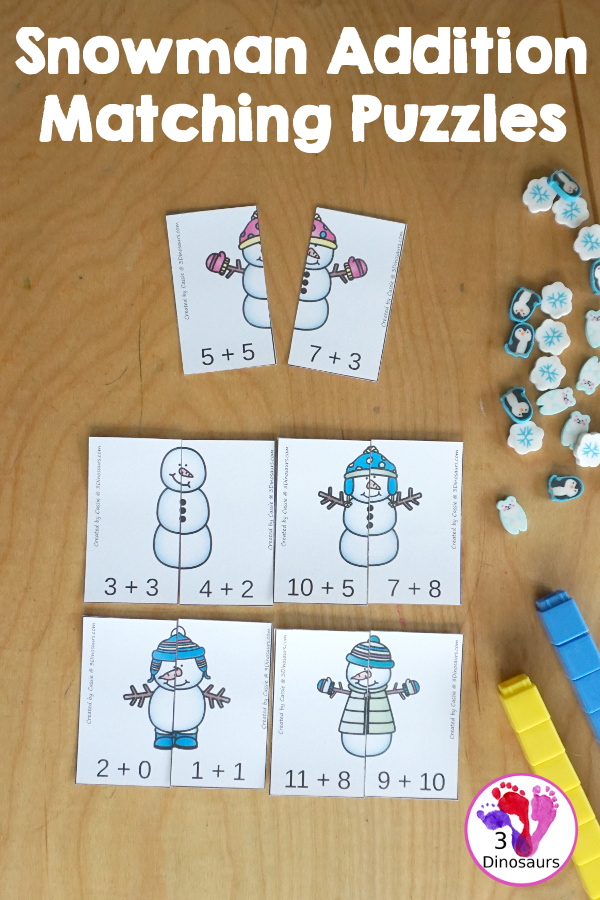 Free Snowman Addition Matching - a fun addition matching game adding numbers from 1 to 20  with two piece puzzles and matching number bond mat for kindergarten and first grade - 3Dinosaurs.com
