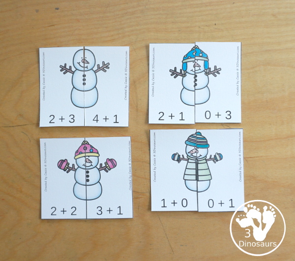 Free Snowman Addition Matching - a fun addition matching game adding numbers from 1 to 20 with two piece puzzles and matching number bond mat for kindergarten and first grade - 3Dinosaurs.com