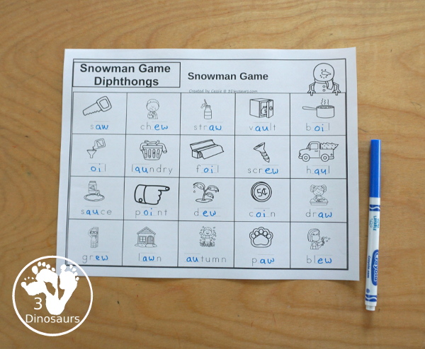 Free Snowman Diphthong Game for AU, AW, EW and OI Words - with snowman matching diphthong letters with pictures of those words. With a fun game to play while matching and a worksheet with all the pictures and words to find. A great review of diphthong words au, aw, ew, and oi. - 3Dinosaurs.com