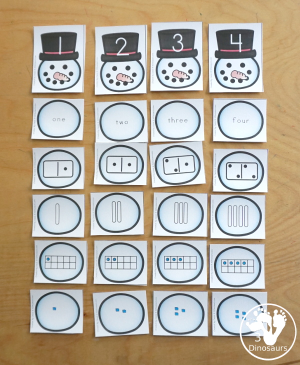 Free Snowman Number Sense from 1 to 20 with matching several different number types to the numerical number including tally marks, dominos, number word, ten frames, and tens and ones to build a snowman  - 3Dinosaurs.com