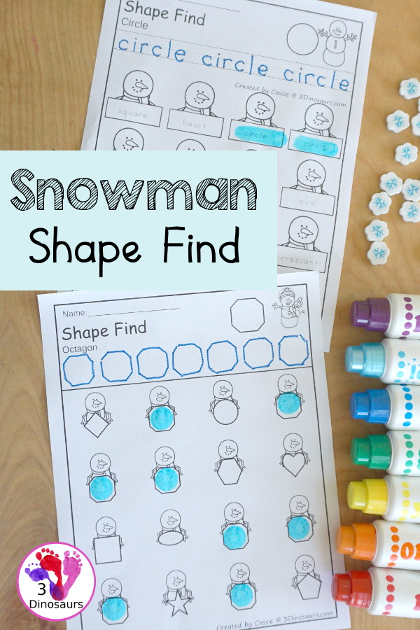 Snowman Shape Find Printable with Geometric Shapes & Shape Words with 12 shape for kids to learn about with tracing and finding the shapes. With two types of shape find printables - 3Dinosaurs.com