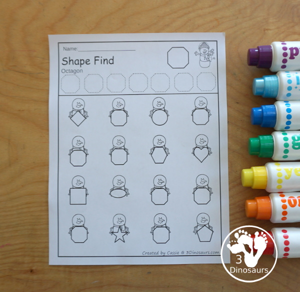 Snowman Shape Find Printable with Geometric Shapes & Shape Words with 12 shape for kids to learn about with tracing and finding the shapes. With two types of shape find printables - 3Dinosaurs.com