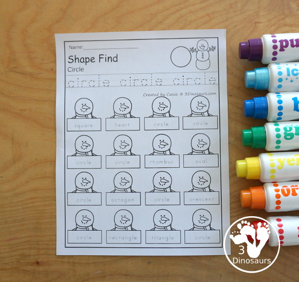 Snowman Shape Find Printable with Geometric Shapes & Shape Words with 12 shape for kids to learn about with tracing and finding the shapes. With two types of shape find printables - 3Dinosaurs.com