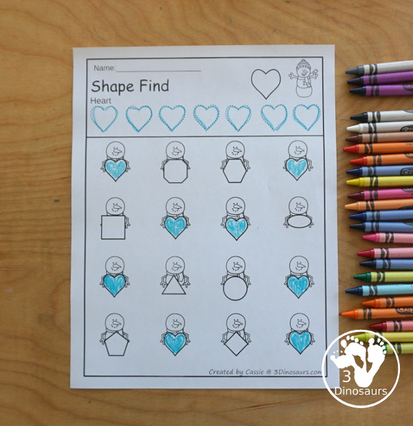 Snowman Shape Find Printable with Geometric Shapes & Shape Words with 12 shape for kids to learn about with tracing and finding the shapes. With two types of shape find printables - 3Dinosaurs.com