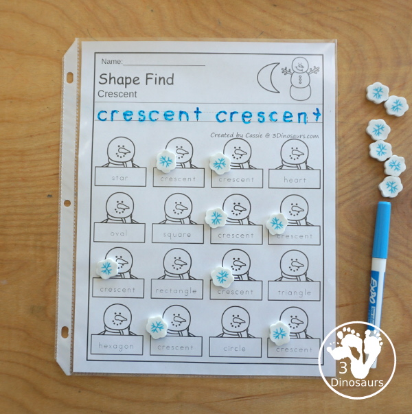 Snowman Shape Find Printable with Geometric Shapes & Shape Words with 12 shape for kids to learn about with tracing and finding the shapes. With two types of shape find printables - 3Dinosaurs.com